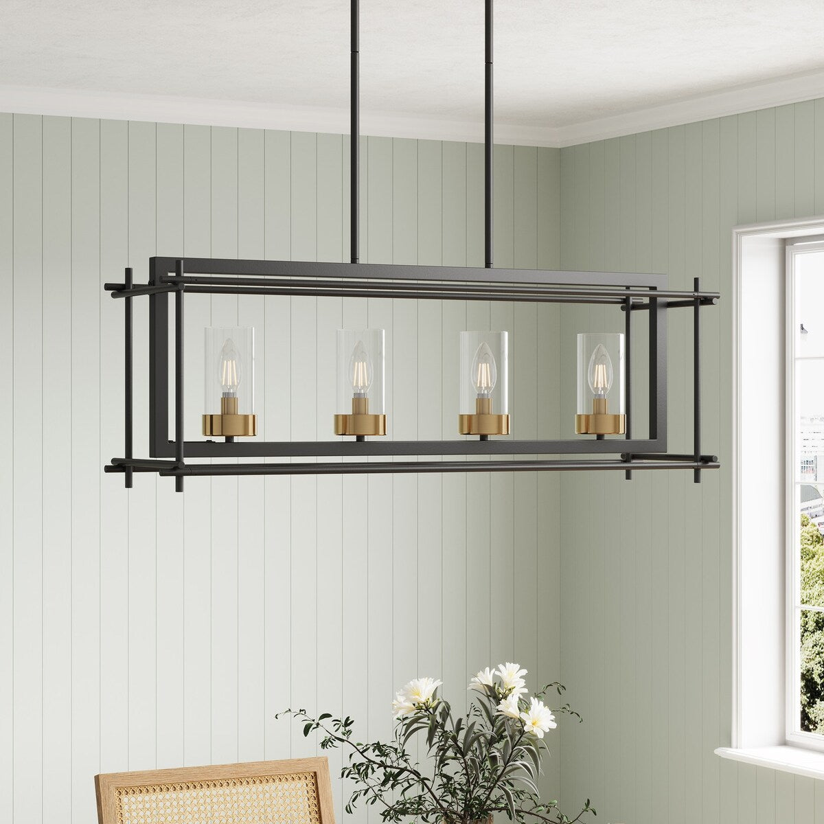 Industrial 4-Light Black Metal Frame Linear Rectangle Chandelier with Glass Shades