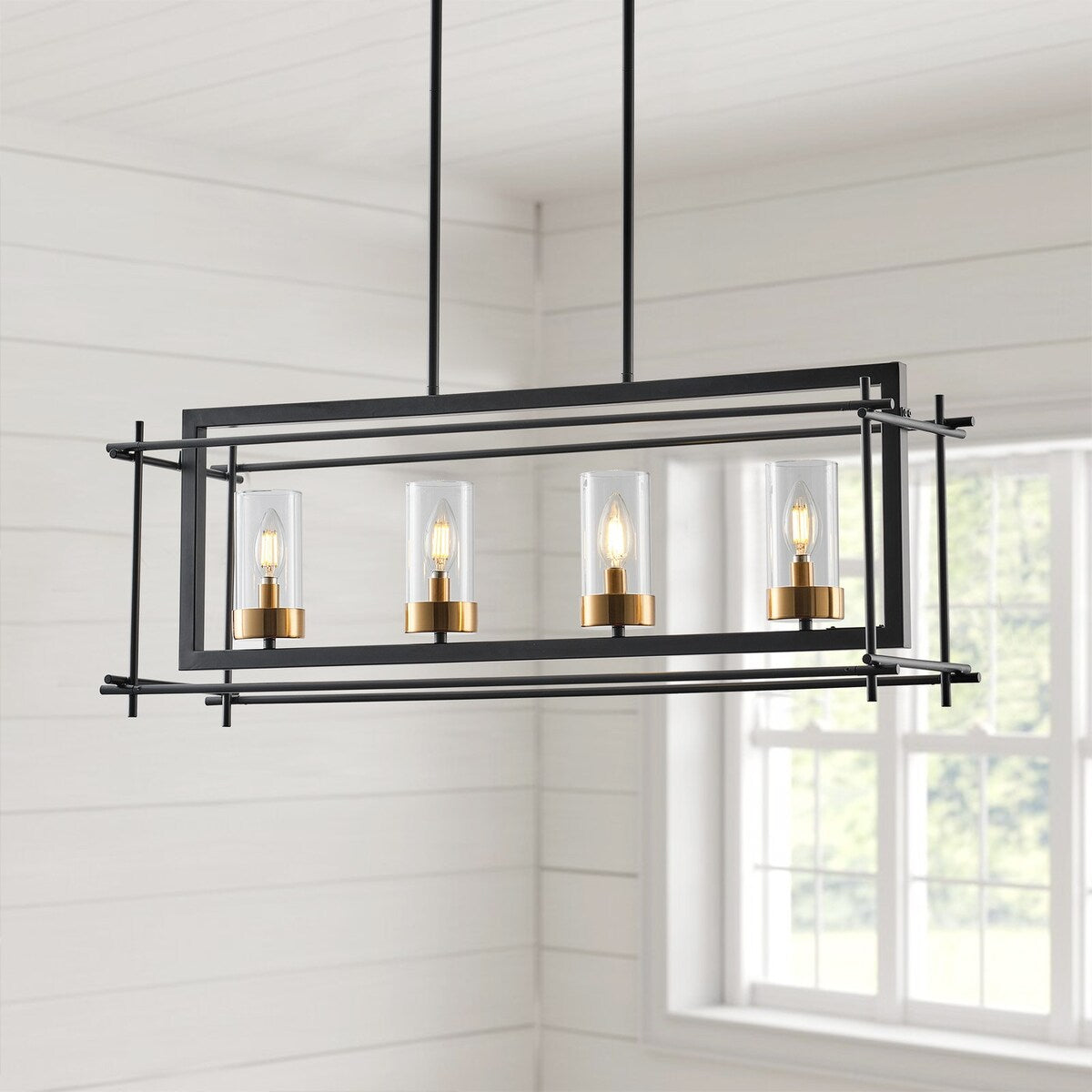 Industrial 4-Light Black Metal Frame Linear Rectangle Chandelier with Glass Shades