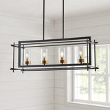 Industrial 4-Light Black Metal Frame Linear Rectangle Chandelier with Glass Shades