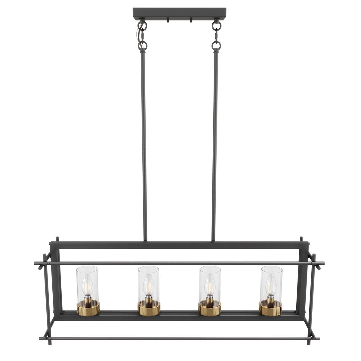 Industrial 4-Light Black Metal Frame Linear Rectangle Chandelier with Glass Shades