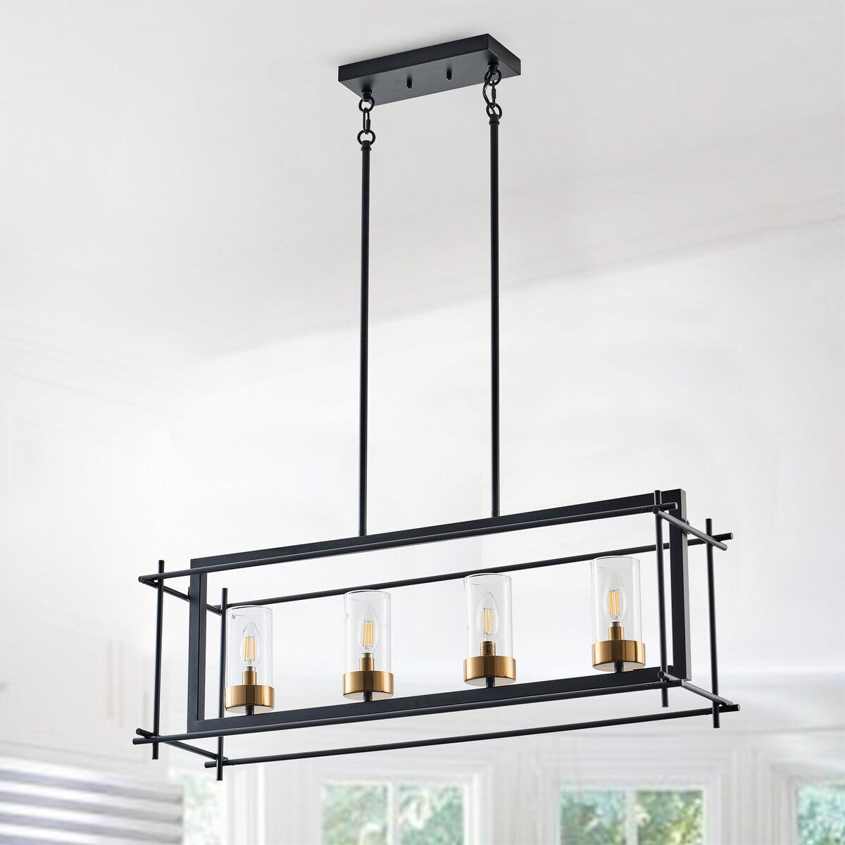 Industrial 4-Light Black Metal Frame Linear Rectangle Chandelier with Glass Shades
