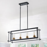 Industrial 4-Light Black Metal Frame Linear Rectangle Chandelier with Glass Shades
