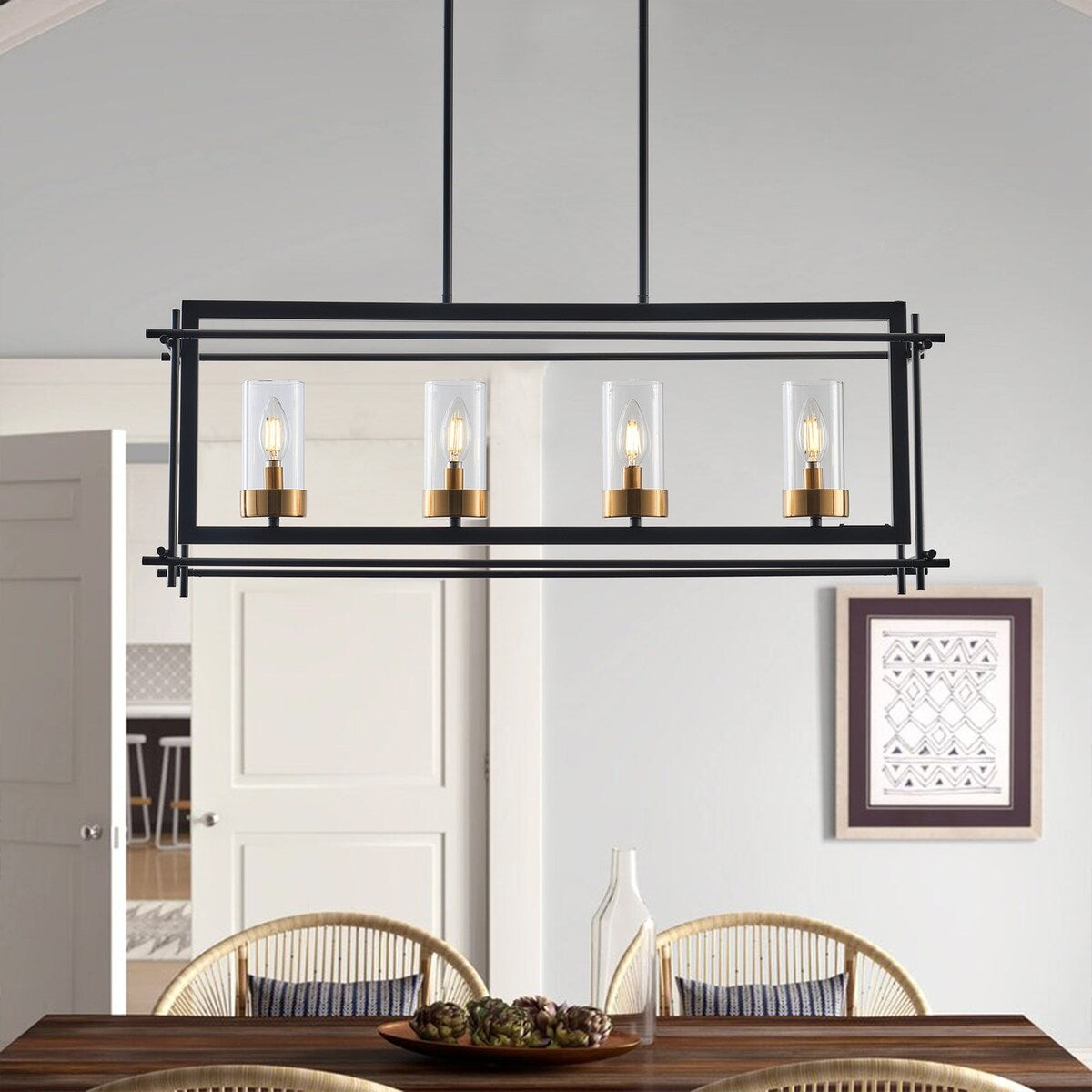 Industrial 4-Light Black Metal Frame Linear Rectangle Chandelier with Glass Shades