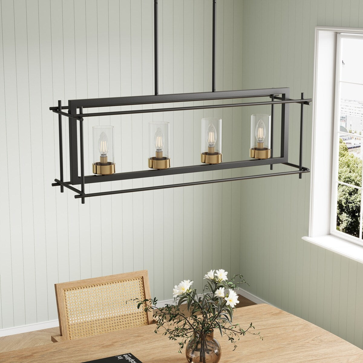 Industrial 4-Light Black Metal Frame Linear Rectangle Chandelier with Glass Shades