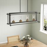 Industrial 4-Light Black Metal Frame Linear Rectangle Chandelier with Glass Shades