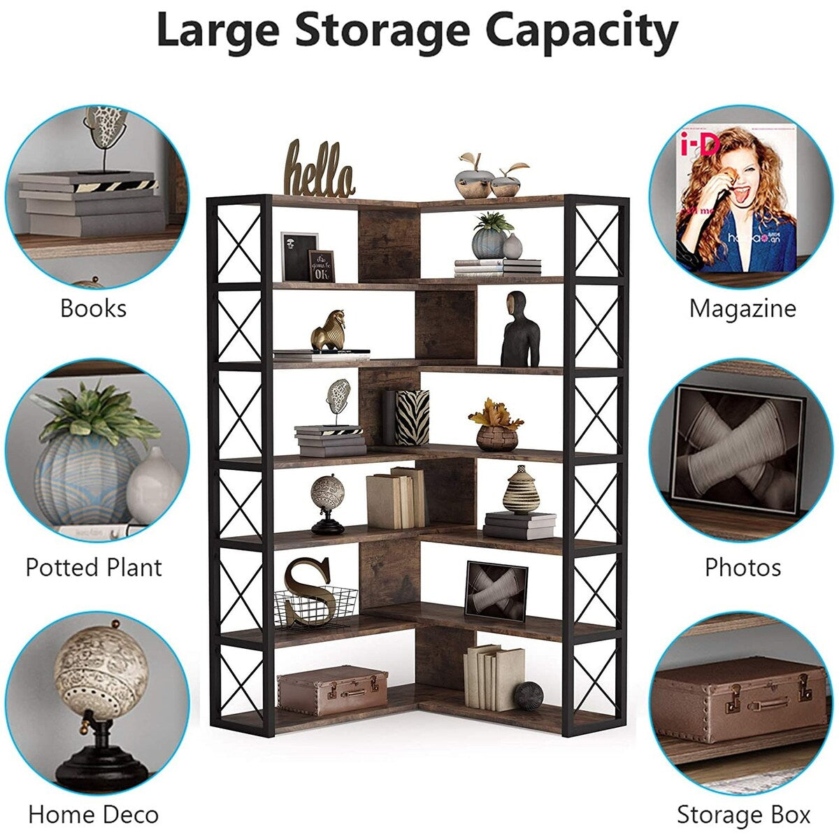 Industrial 6-Tier Corner Bookshelf Etagere Bookcase