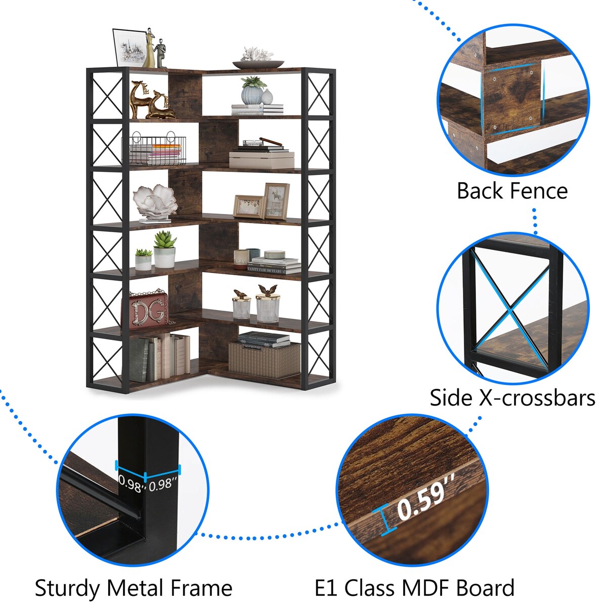 Industrial 6-Tier Corner Bookshelf Etagere Bookcase