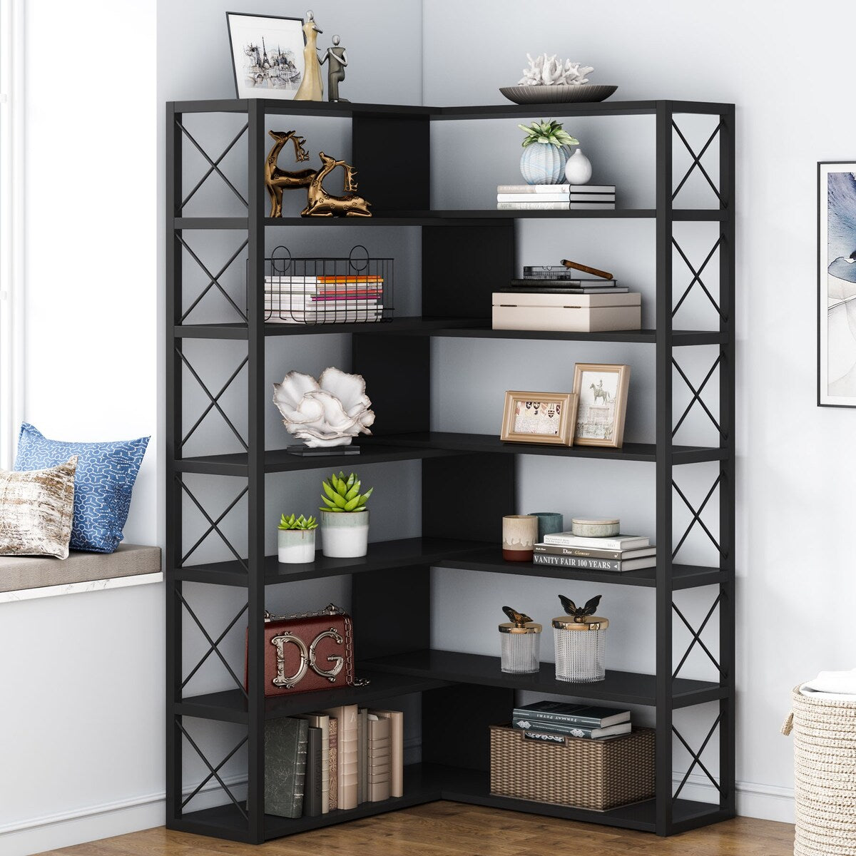 Industrial 6-Tier Corner Bookshelf Etagere Bookcase