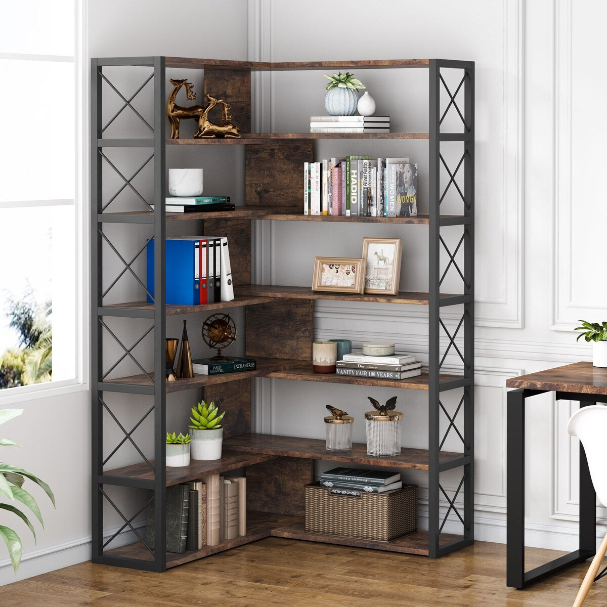 Industrial 6-Tier Corner Bookshelf Etagere Bookcase