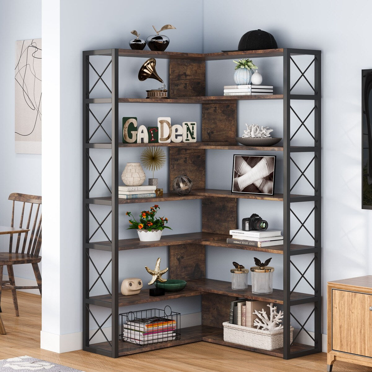Industrial 6-Tier Corner Bookshelf Etagere Bookcase