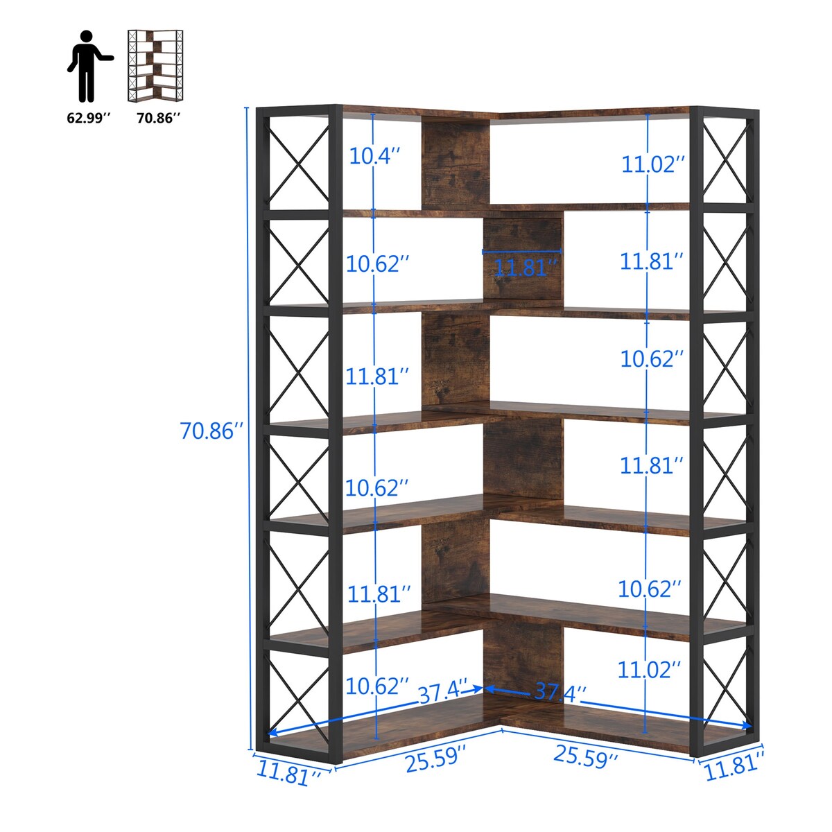 Industrial 6-Tier Corner Bookshelf Etagere Bookcase