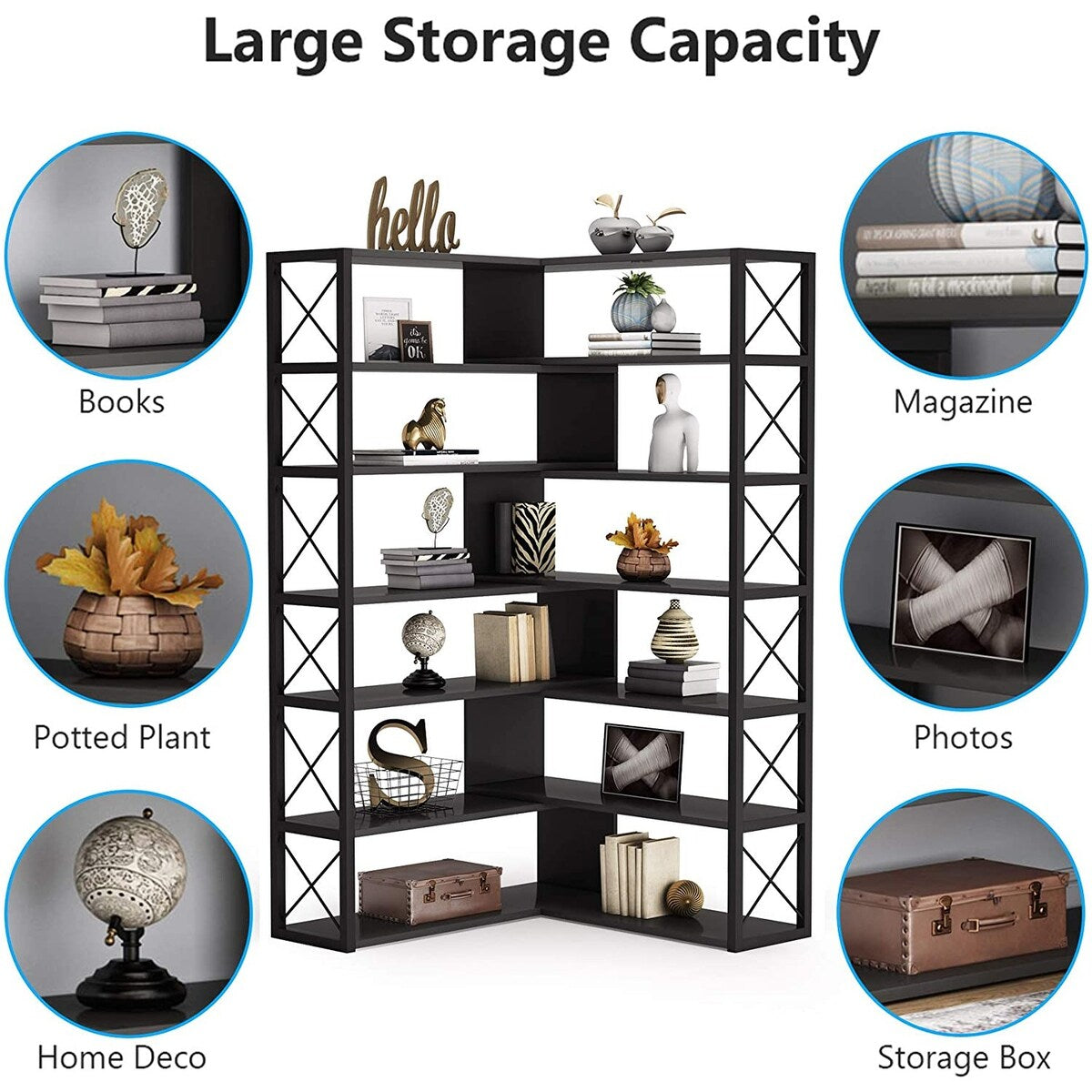 Industrial 6-Tier Corner Bookshelf Etagere Bookcase