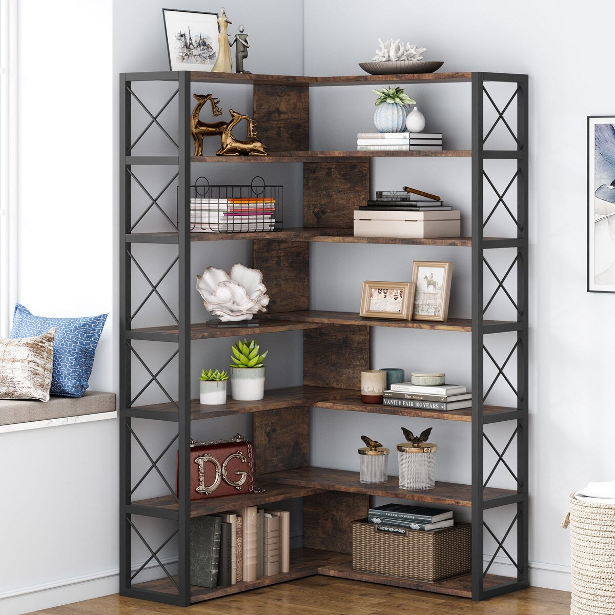 Industrial 6-Tier Corner Bookshelf Etagere Bookcase