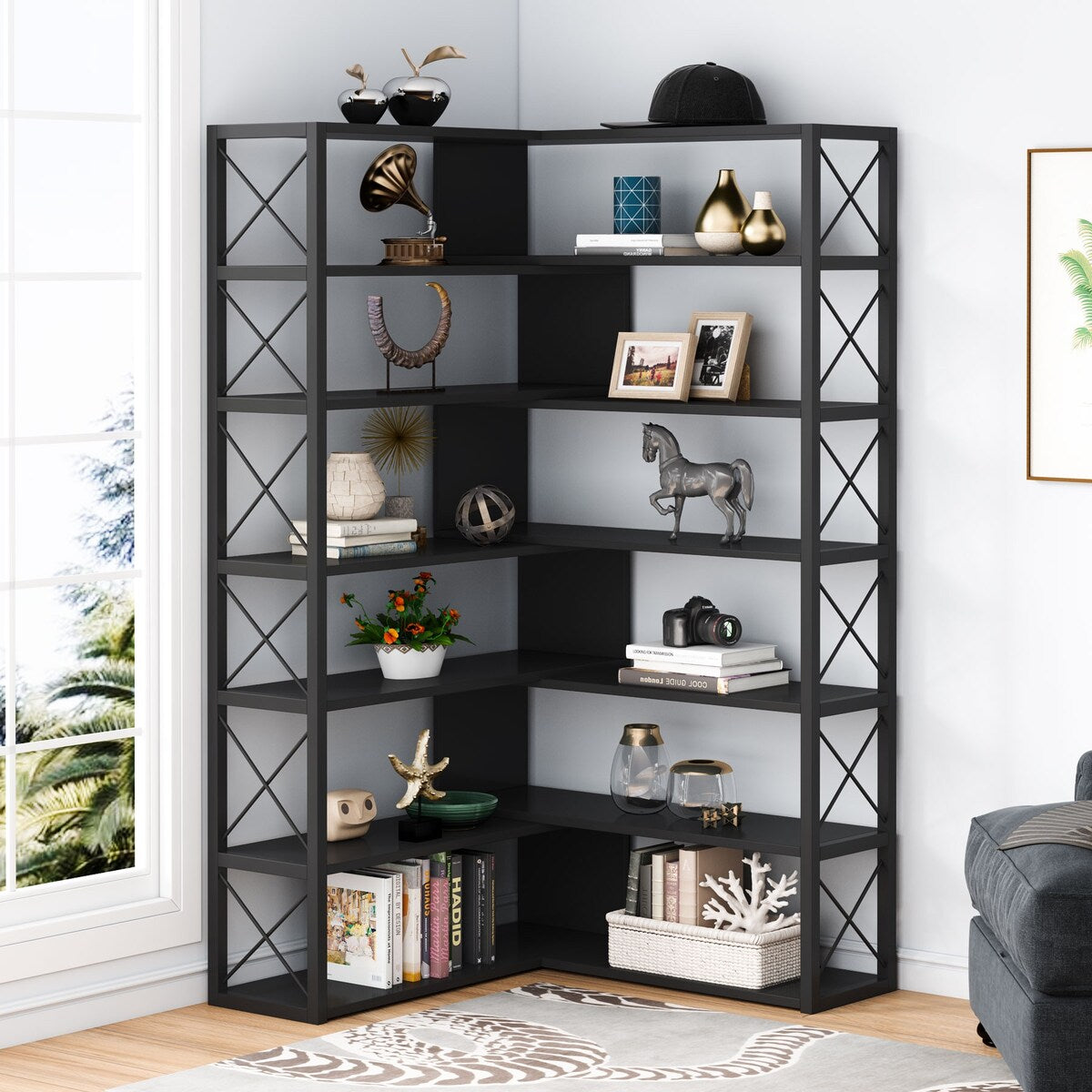 Industrial 6-Tier Corner Bookshelf Etagere Bookcase