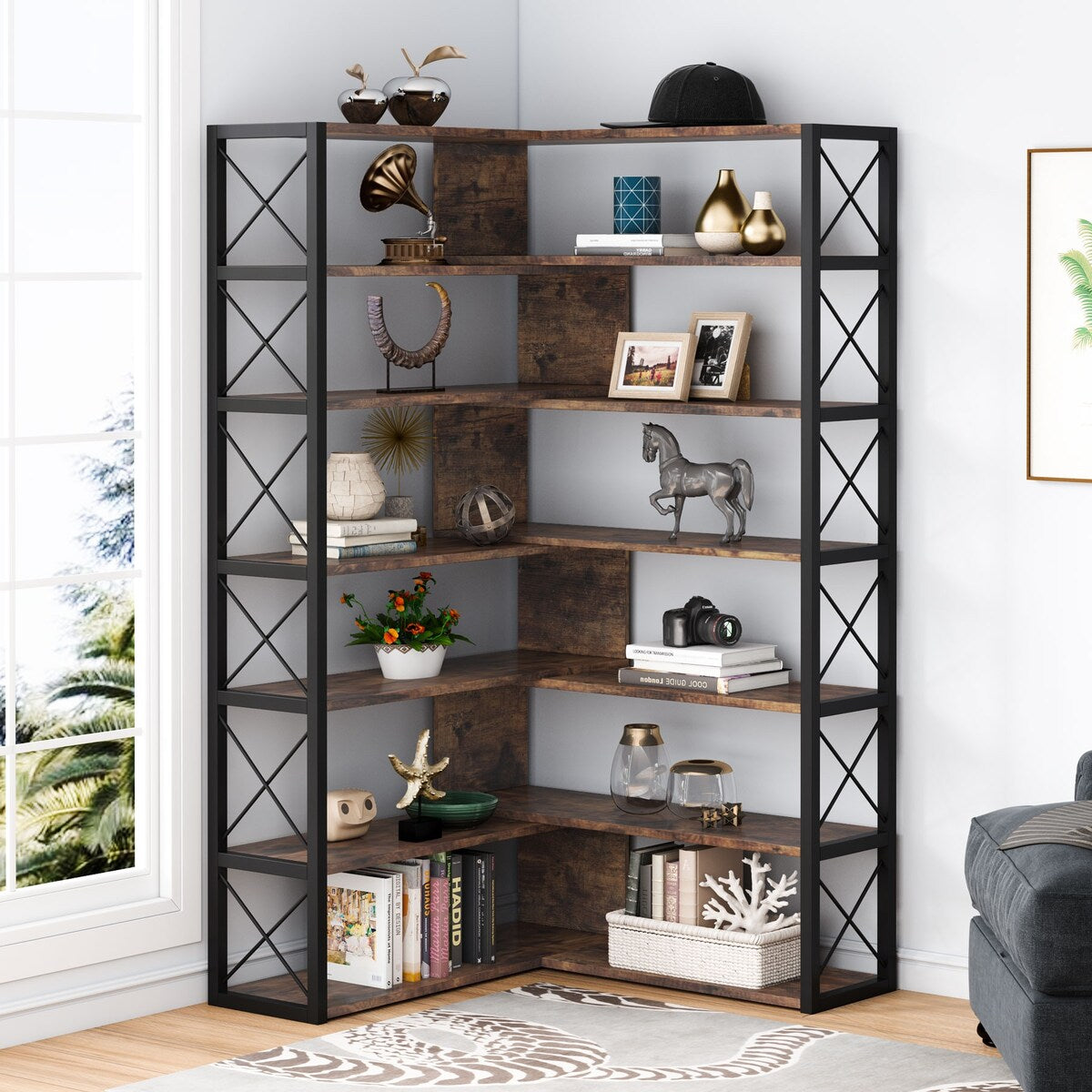Industrial 6-Tier Corner Bookshelf Etagere Bookcase
