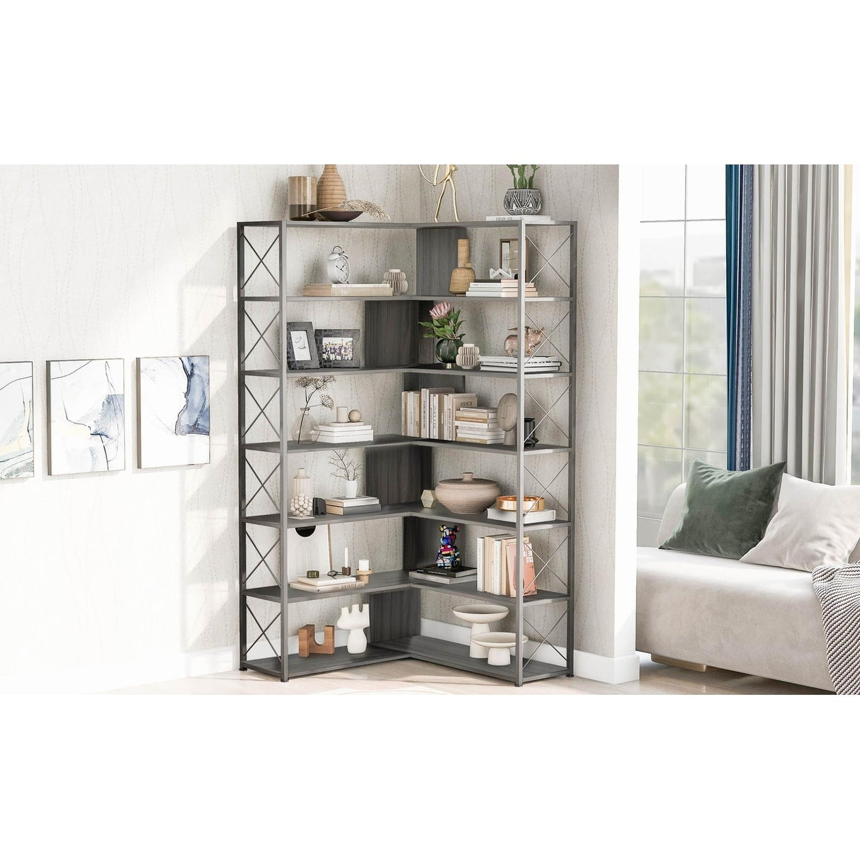 Industrial 7-Tier Bookshelf, L-Shaped Corner Bookcase with Metal Frame