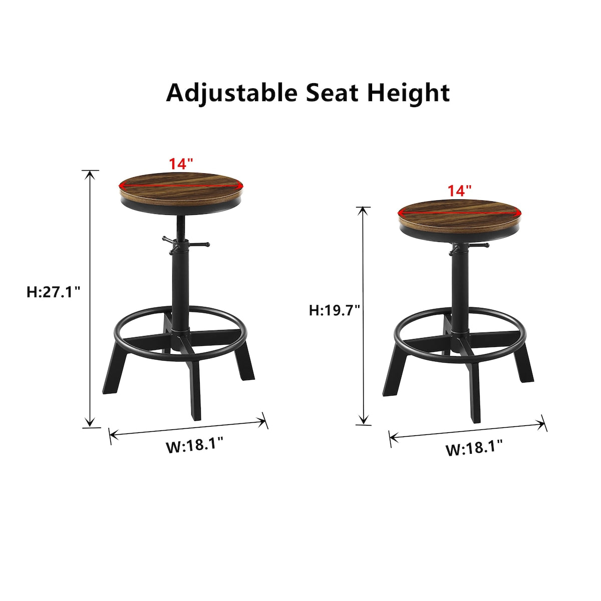 Industrial Adjustable Height Bar Stools Kitchen Dining Counter