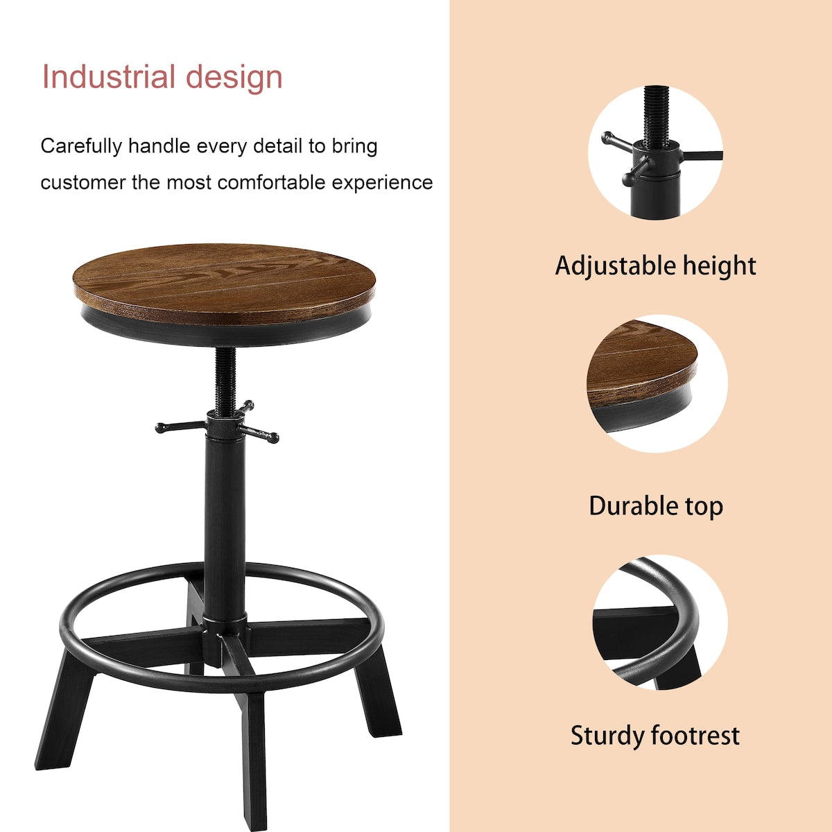 Industrial Adjustable Height Bar Stools Kitchen Dining Counter