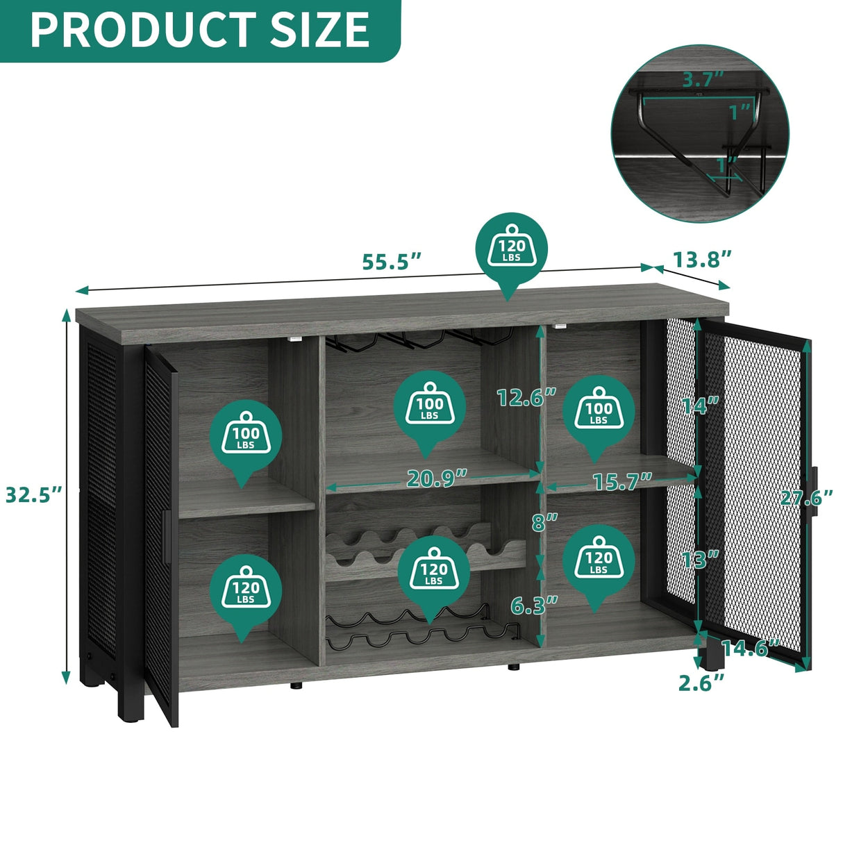 Industrial Bar Cabinet for Liquor and Glasses Coffee Bar Cabinet with Wine Racks Mesh Door Glass Holders