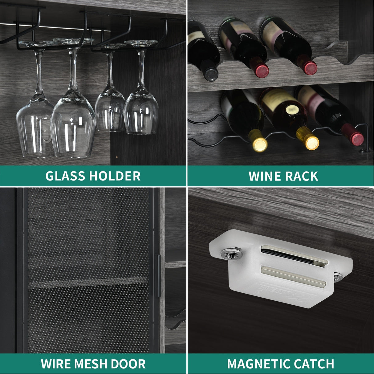 Industrial Bar Cabinet for Liquor and Glasses Coffee Bar Cabinet with Wine Racks Mesh Door Glass Holders