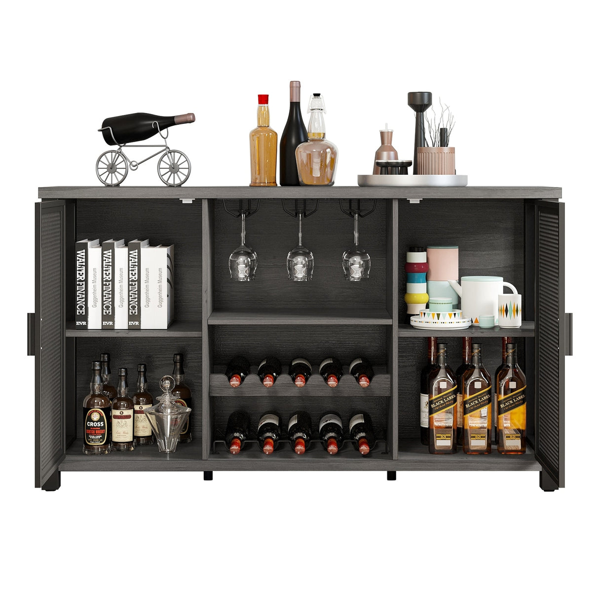 Industrial Bar Cabinet for Liquor and Glasses Coffee Bar Cabinet with Wine Racks Mesh Door Glass Holders