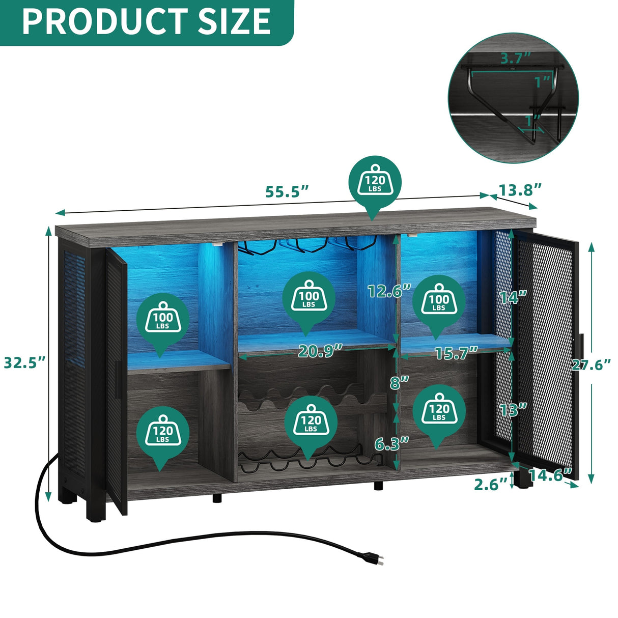 Industrial Bar Cabinet for Liquor and Glasses Coffee Bar Cabinet with Wine Racks Mesh Door Glass Holders