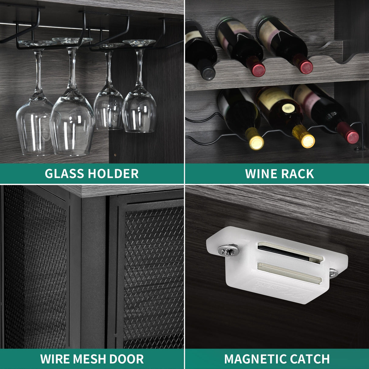 Industrial Bar Cabinet for Liquor and Glasses Coffee Bar Cabinet with Wine Racks Mesh Door Glass Holders