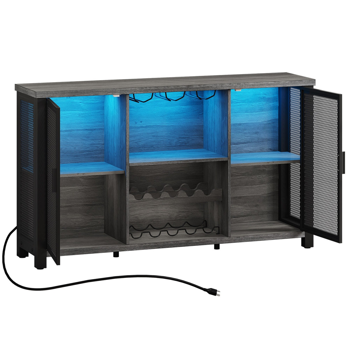 Industrial Bar Cabinet for Liquor and Glasses Coffee Bar Cabinet with Wine Racks Mesh Door Glass Holders