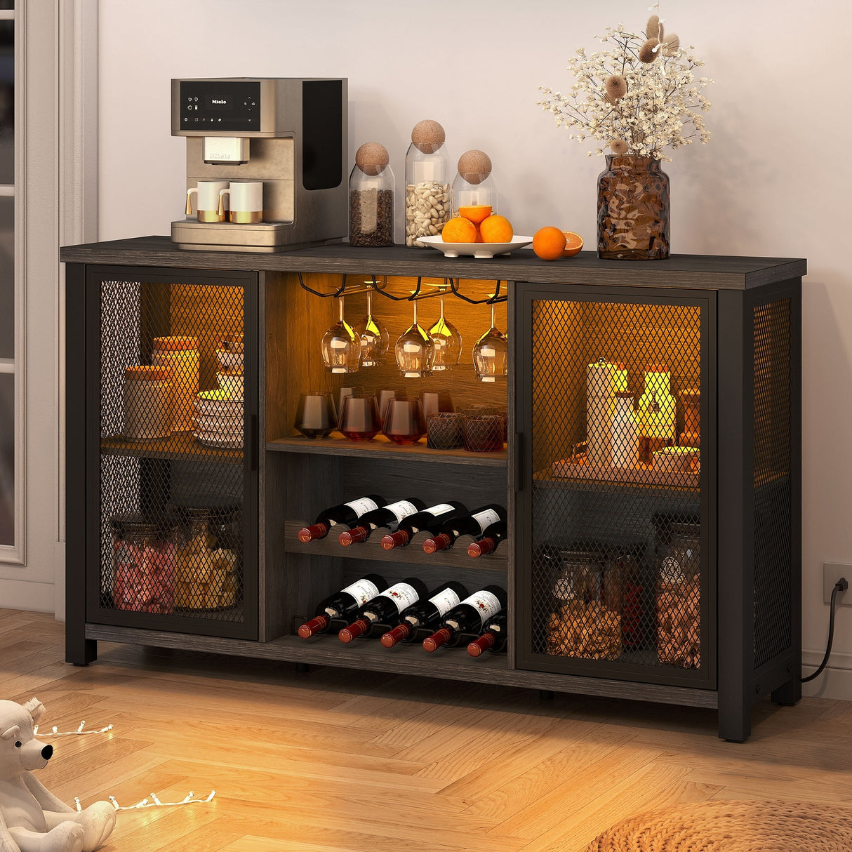 Industrial Bar Cabinet for Liquor and Glasses Coffee Bar Cabinet with Wine Racks Mesh Door Glass Holders