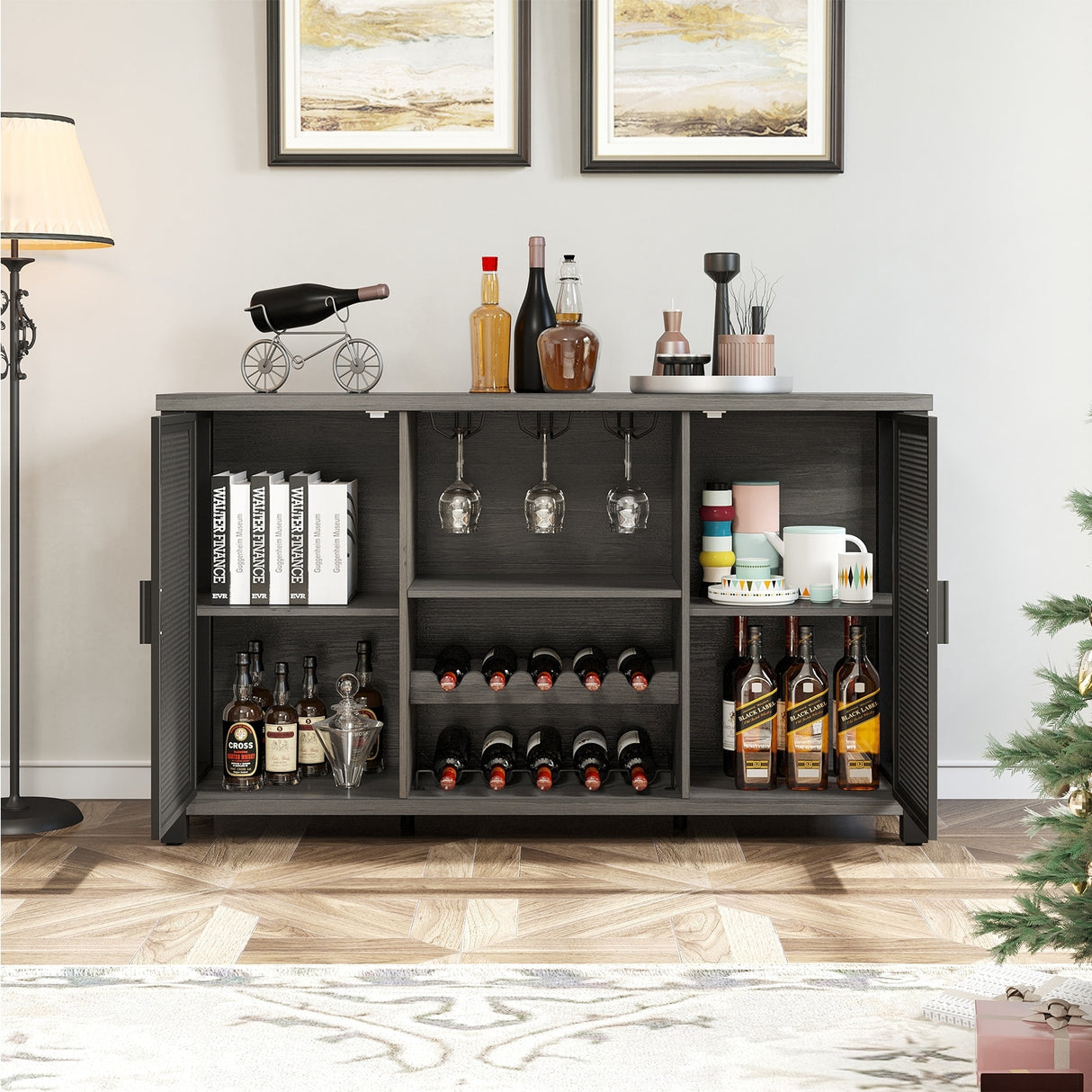 Industrial Bar Cabinet for Liquor and Glasses Coffee Bar Cabinet with Wine Racks Mesh Door Glass Holders