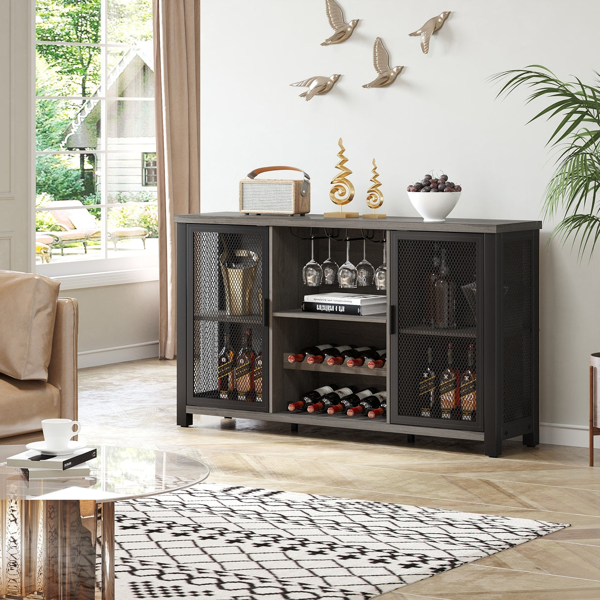 Industrial Bar Cabinet for Liquor and Glasses Coffee Bar Cabinet with Wine Racks Mesh Door Glass Holders