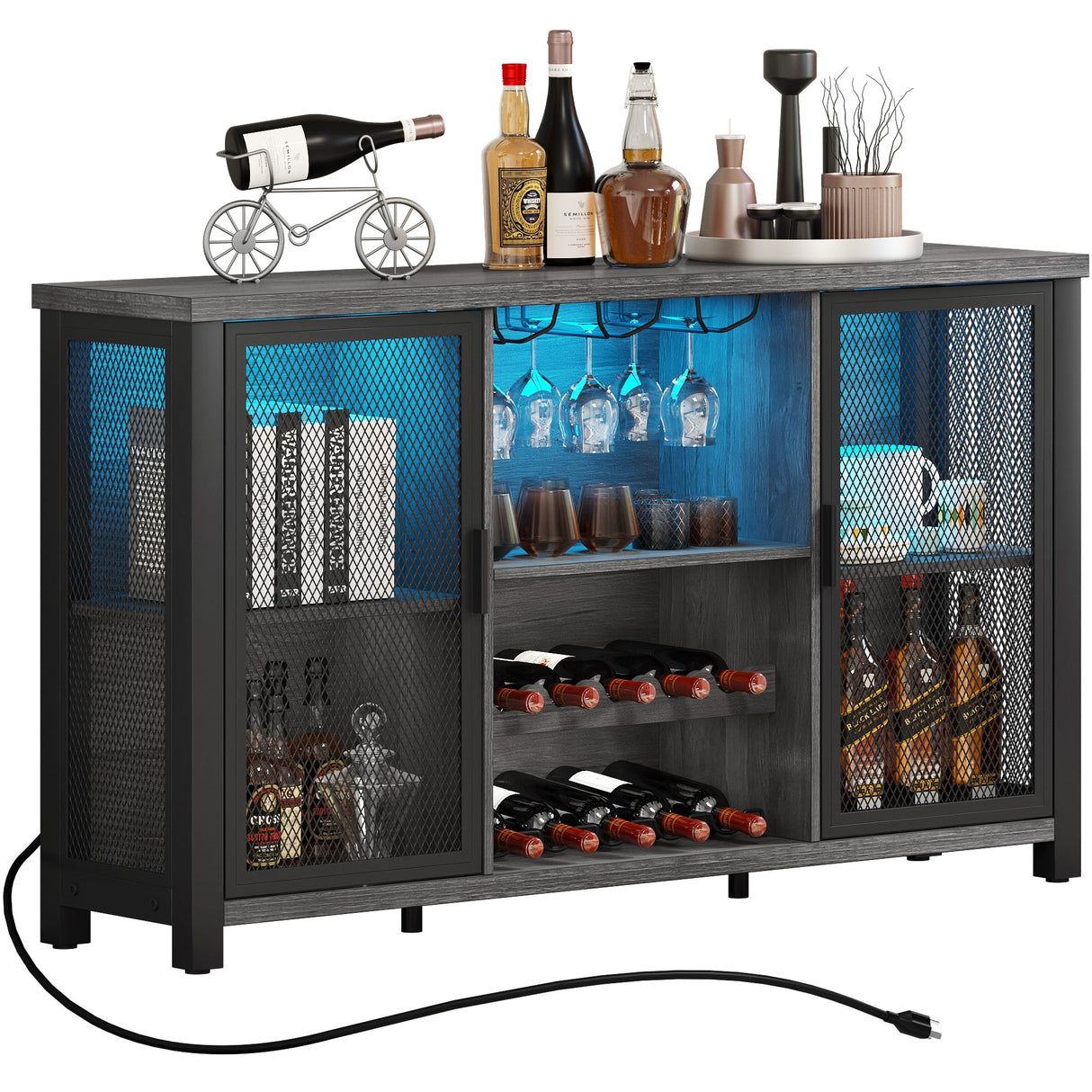 Industrial Bar Cabinet for Liquor and Glasses Coffee Bar Cabinet with Wine Racks Mesh Door Glass Holders