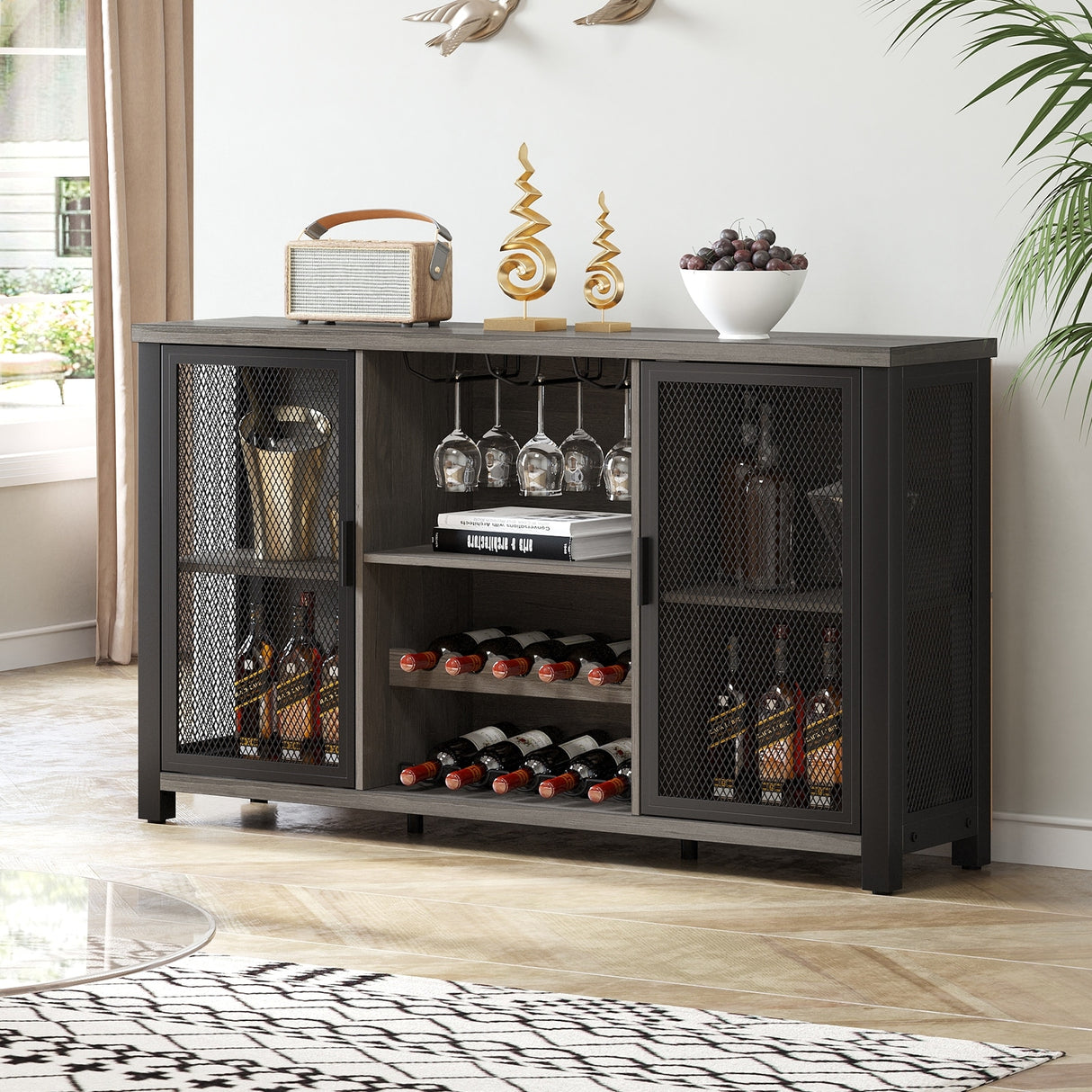 Industrial Bar Cabinet for Liquor and Glasses Coffee Bar Cabinet with Wine Racks Mesh Door Glass Holders