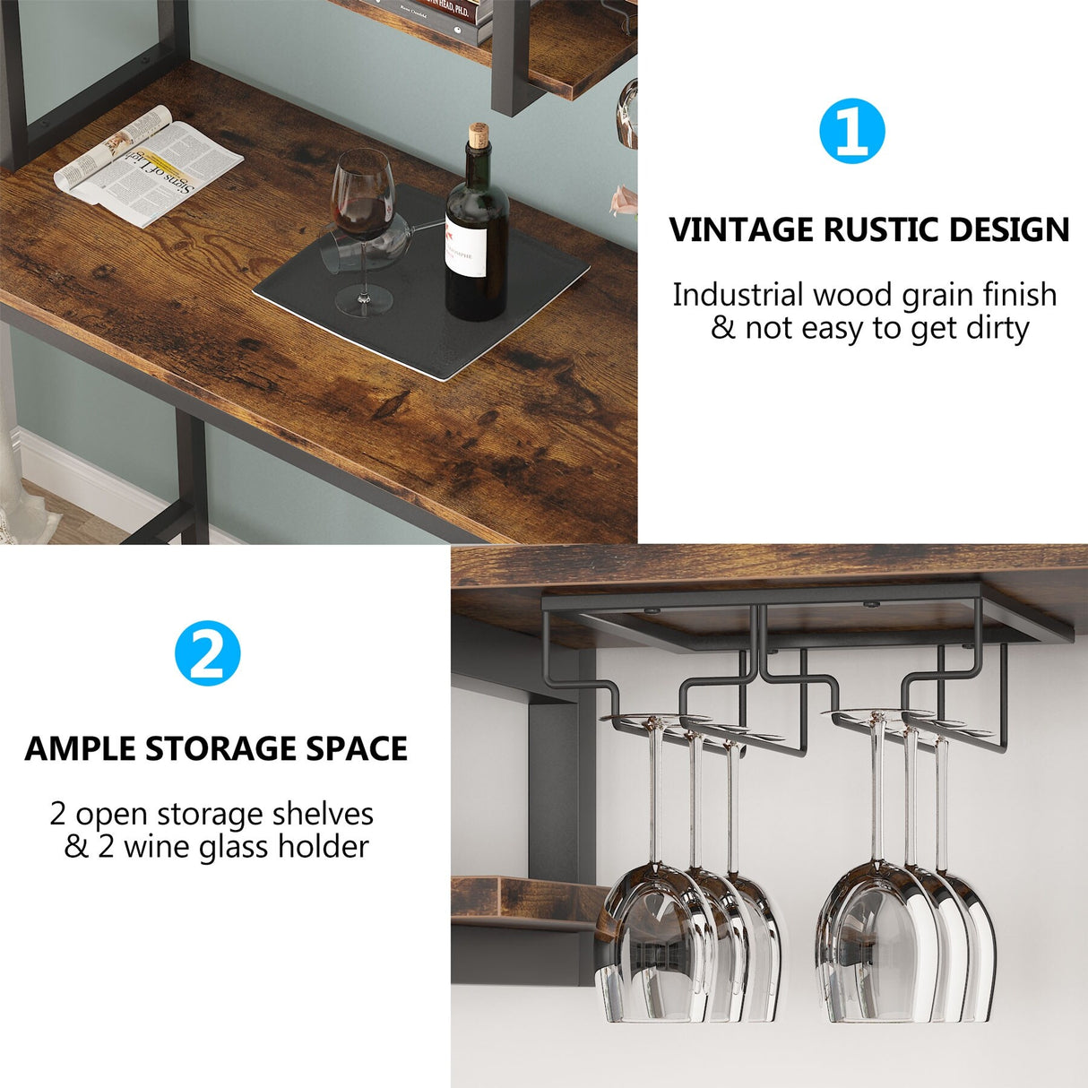 Industrial Bar Table Set Pub Table and Chairs Set of 2, Wine Rack Table with Glass Holder