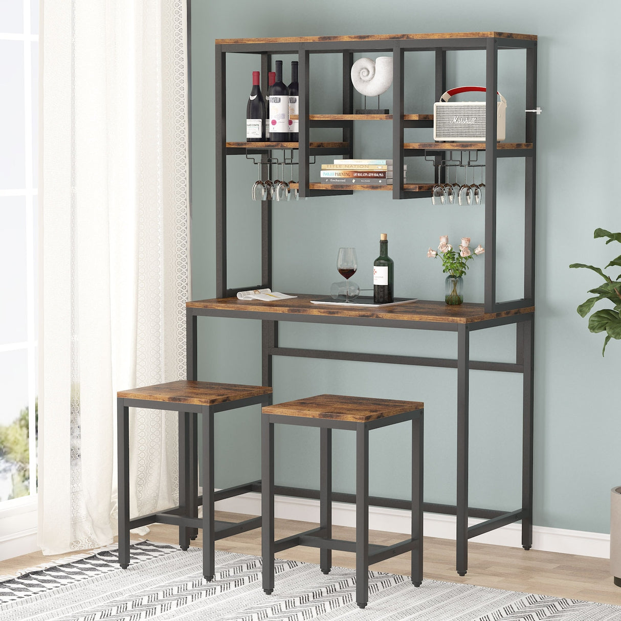 Industrial Bar Table Set Pub Table and Chairs Set of 2, Wine Rack Table with Glass Holder