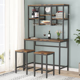 Industrial Bar Table Set Pub Table and Chairs Set of 2, Wine Rack Table with Glass Holder