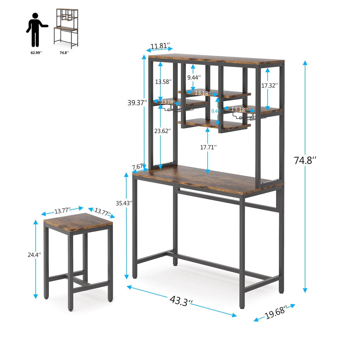 Industrial Bar Table Set Pub Table and Chairs Set of 2, Wine Rack Table with Glass Holder