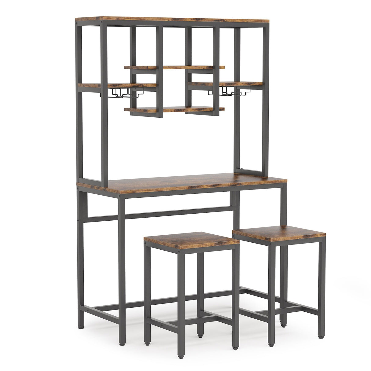 Industrial Bar Table Set Pub Table and Chairs Set of 2, Wine Rack Table with Glass Holder
