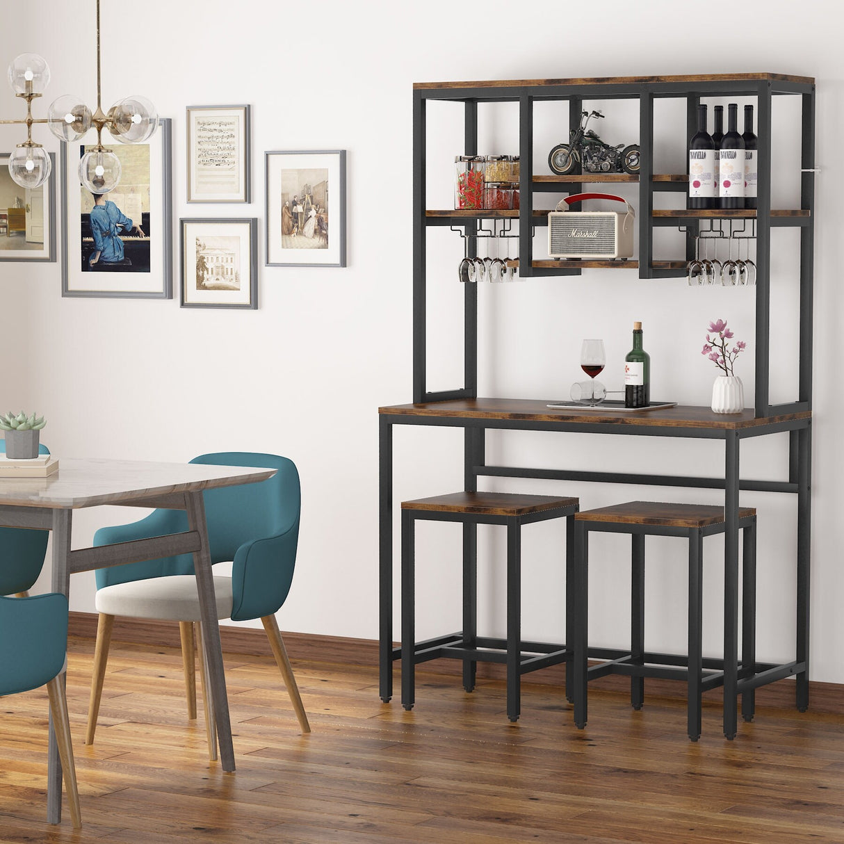 Industrial Bar Table Set Pub Table and Chairs Set of 2, Wine Rack Table with Glass Holder