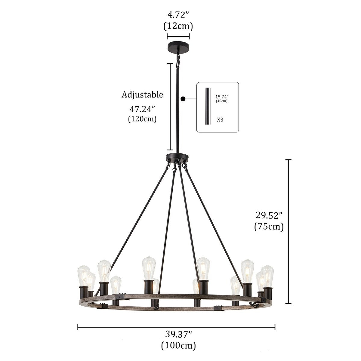 Industrial Black 12-Light Wagon Wheel Farmhouse Chandlier Fixture