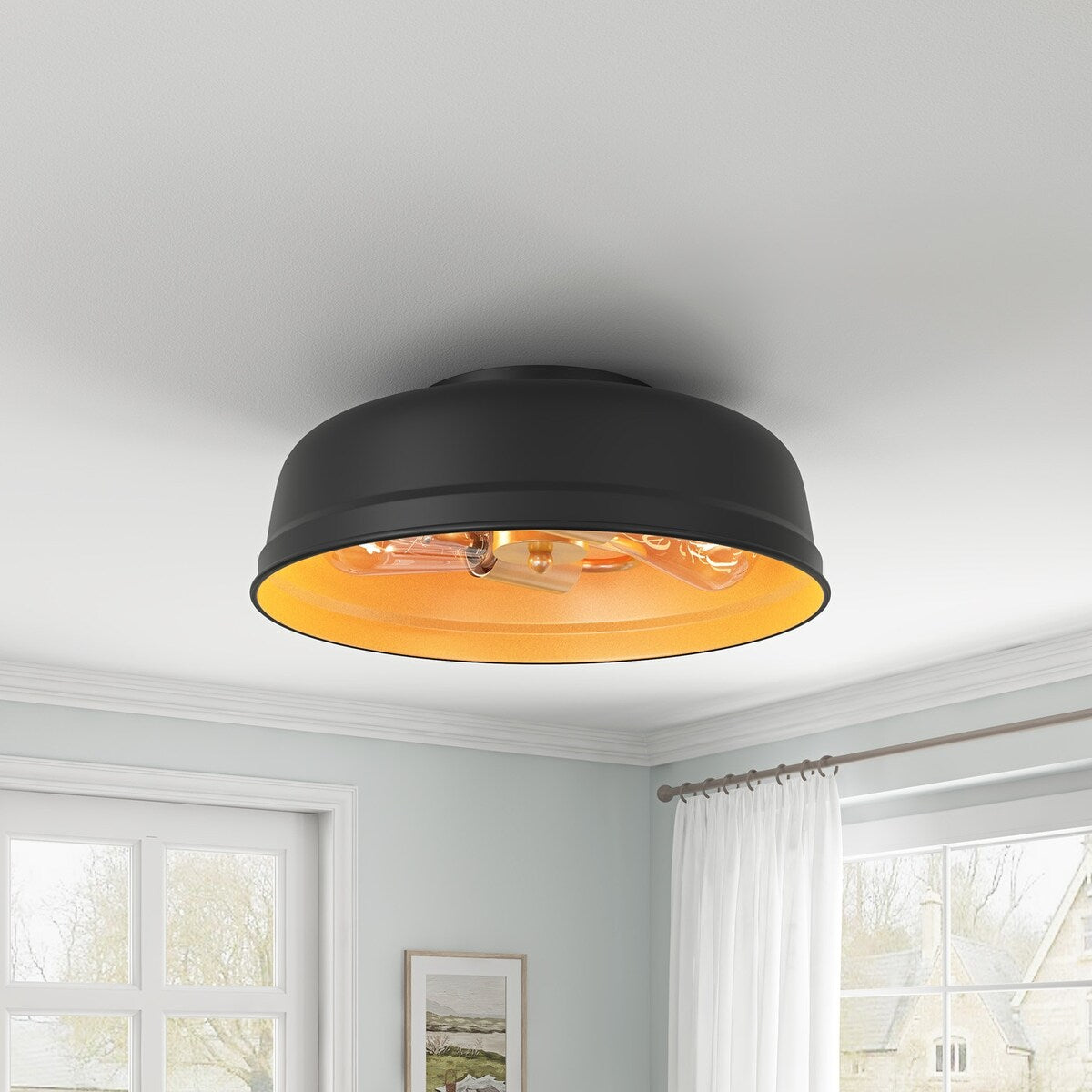 Industrial Black 2-Light Metal Flush Mount Ceiling Light Fixtures for Kitchen
