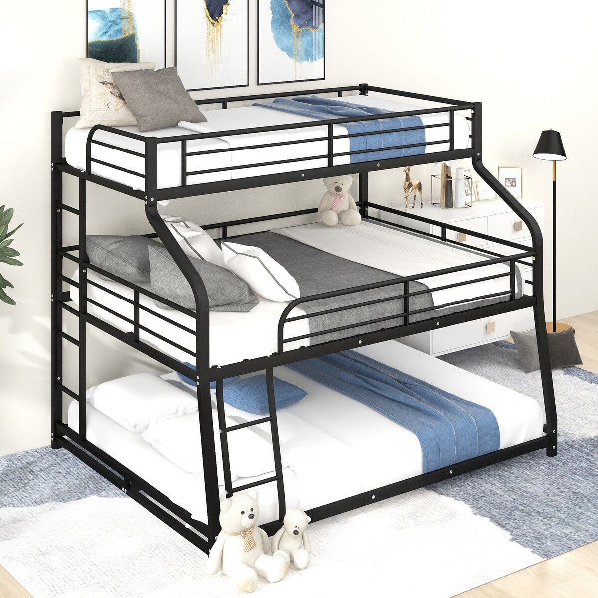 Industrial Black Twin XL Over Full XL Over Queen Metal Triple Decker Bunk Bed