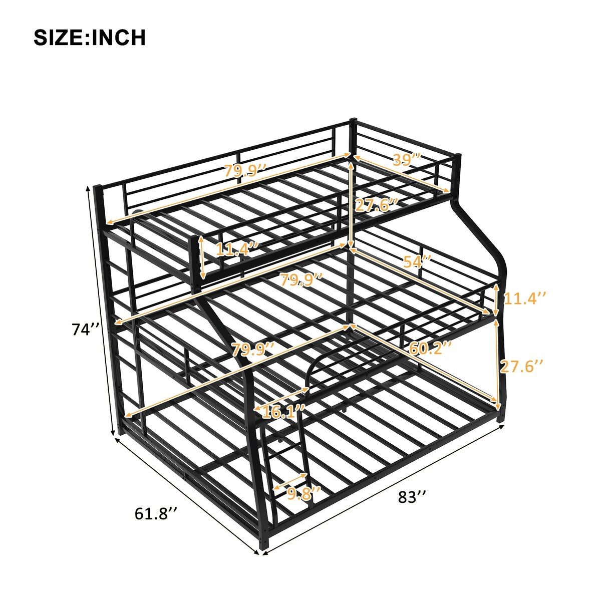 Industrial Black Twin XL Over Full XL Over Queen Metal Triple Decker Bunk Bed