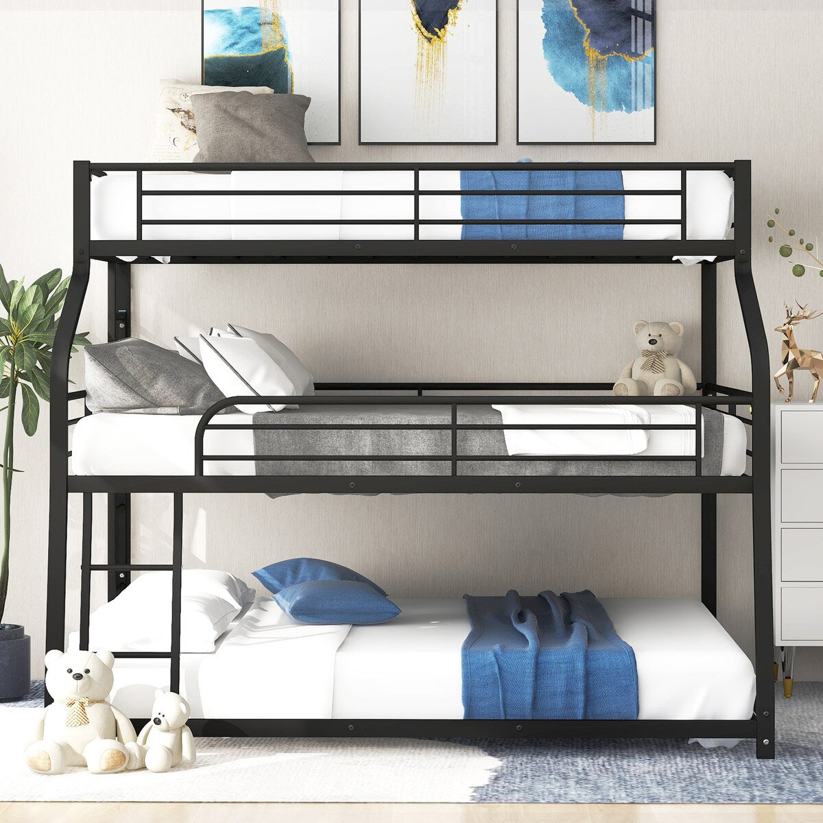 Industrial Black Twin XL Over Full XL Over Queen Metal Triple Decker Bunk Bed