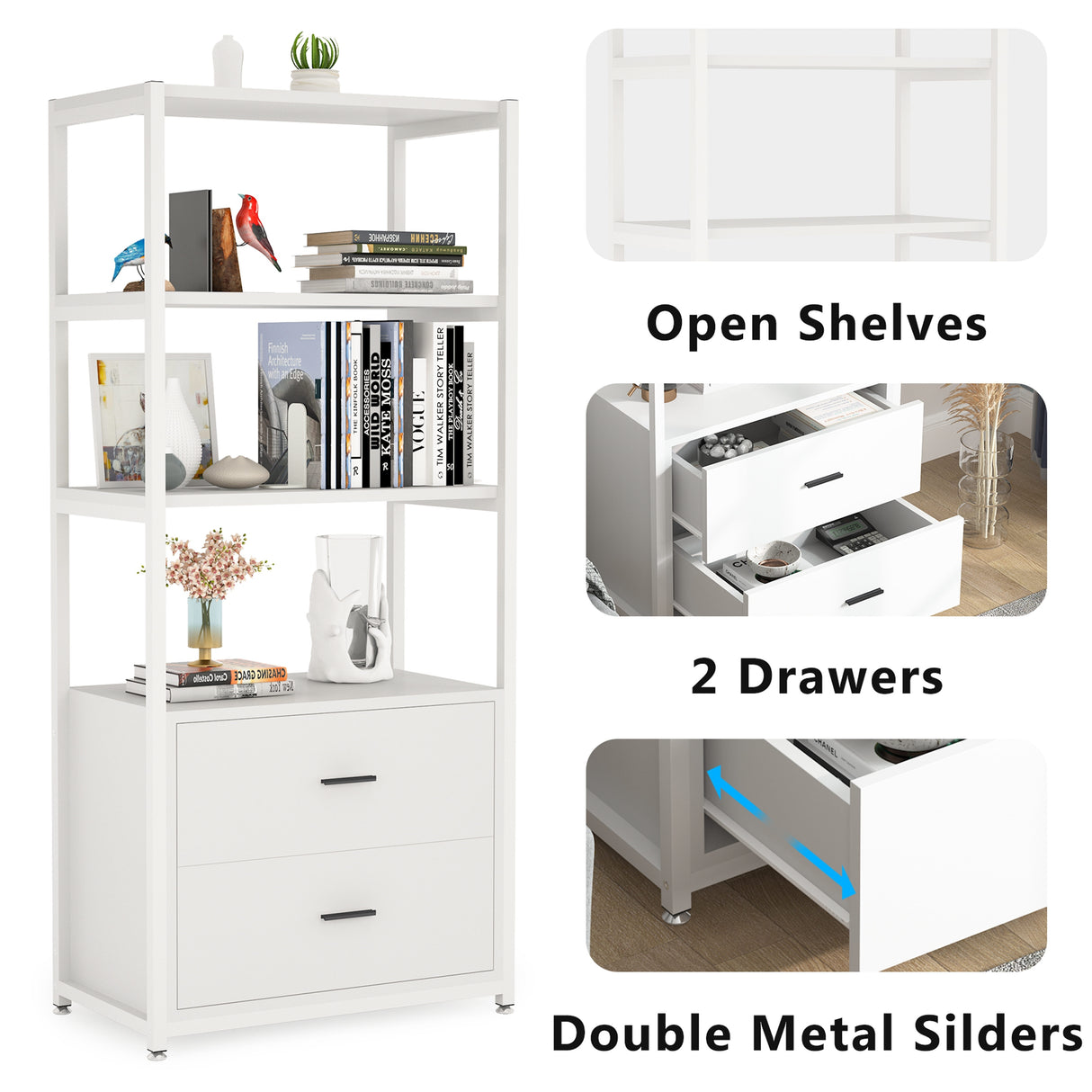Brown Industrial Bookshelf with 2 Drawers, 5-Tier Bookcase with Open Shelf, Display Decorative Shelf for Living Room Office
