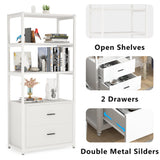 Brown Industrial Bookshelf with 2 Drawers, 5-Tier Bookcase with Open Shelf, Display Decorative Shelf for Living Room Office