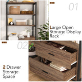 Brown Industrial Bookshelf with 2 Drawers, 5-Tier Bookcase with Open Shelf, Display Decorative Shelf for Living Room Office