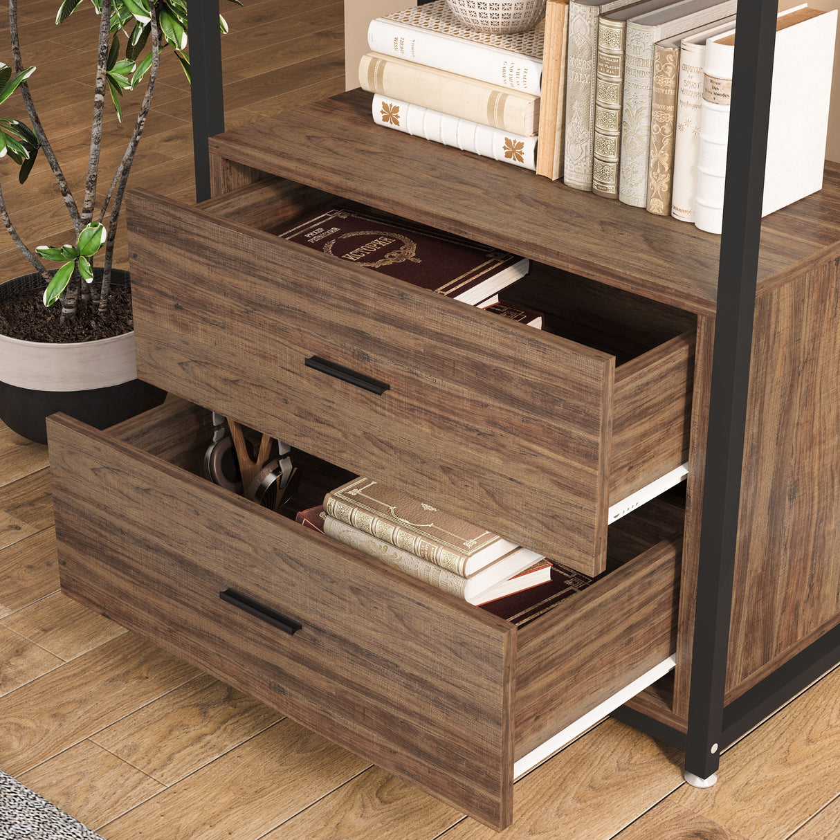 Brown Industrial Bookshelf with 2 Drawers, 5-Tier Bookcase with Open Shelf, Display Decorative Shelf for Living Room Office
