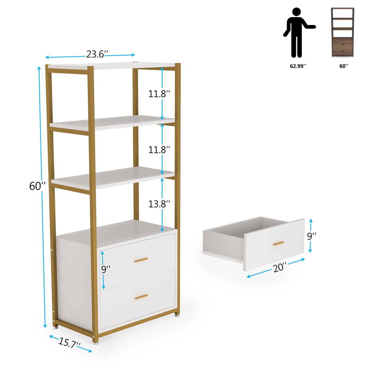 Brown Industrial Bookshelf with 2 Drawers, 5-Tier Bookcase with Open Shelf, Display Decorative Shelf for Living Room Office