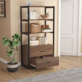Brown Industrial Bookshelf with 2 Drawers, 5-Tier Bookcase with Open Shelf, Display Decorative Shelf for Living Room Office